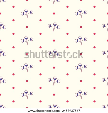 Vector seamless pattern background: Crownberry Dirndl Apron. Red outlined tiny berry clusters in a half-drop repeat with strong red dots on an off-white background. Part of The Crown Berry collection.