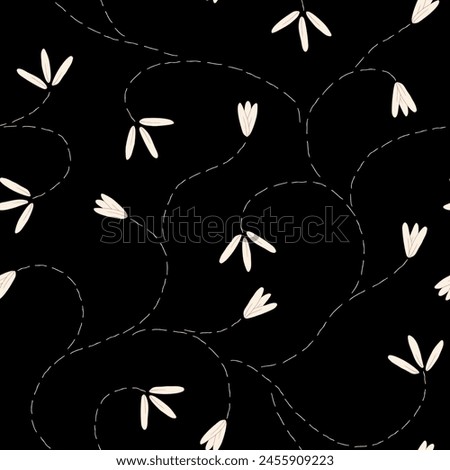 Vector seamless pattern background: Sprouting At Night. This trailing pattern features tiny white flowers and buds with dashed lines stems on a black background. Part of Les Petites collection.