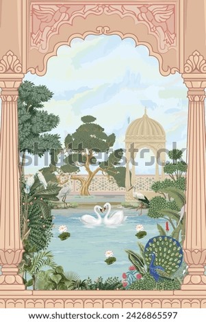 Mughal garden with lake, arch, peacock, crane bird, parrot, palace and temple landscape illustration for wallpaper