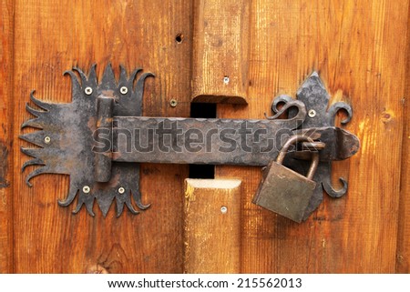 Ornate wooden doors and padlock, Bulgaria, Bansko,old door