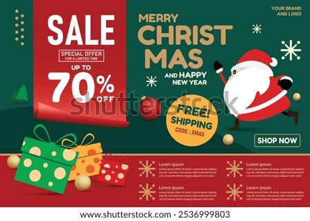 Christmas themed promotional banner featuring Santa Claus, a 70% off sale message on mobile phone, gift boxes, and free shipping offers. festive sale banners, seasonal ads and online marketing