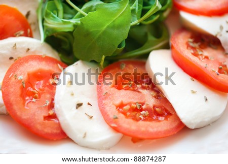 Italian salad with tomatoes and mozzarella filmed in close-up