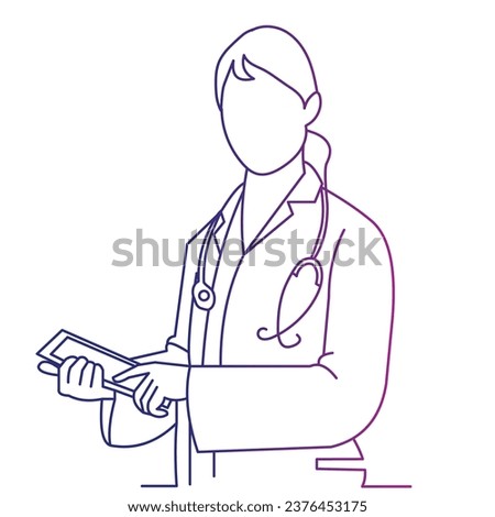 Female Doctor Holding Tablet vector line art illustration