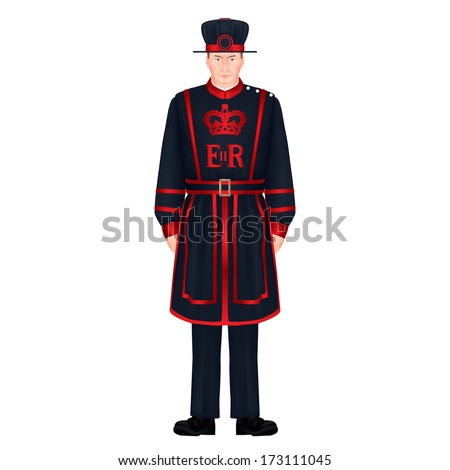 Beefeater soldier - Yeoman warder - Royal guard - London character - symbols - very detailed, realistic, isolated vector illustration