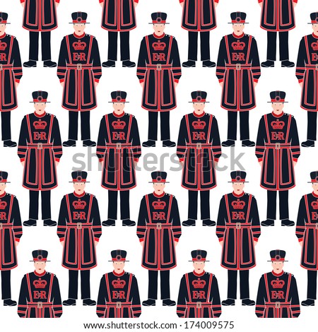 Beefeater soldier - Yeoman warder, London symbol, seamless vector pattern - Silhouette -Stencil - isolated detailed illustration  