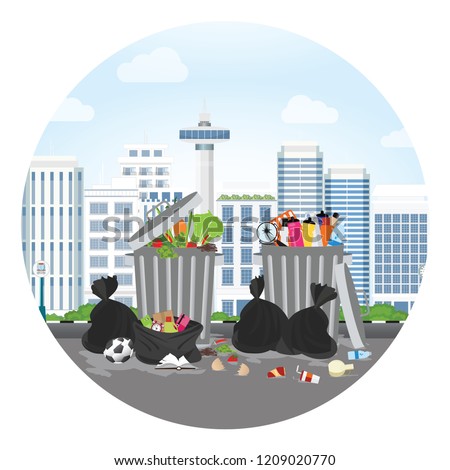 Plastics garbage can full of overflowing trash, littering waste disposed around the dust bin on city view backkground, Vector illustration.