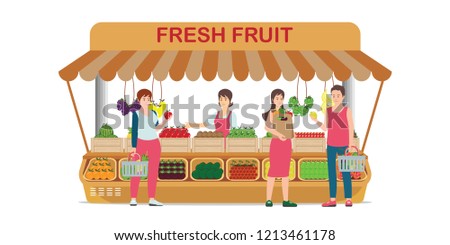 Local farm market fruit shop with fruit seller stand to sell fruit and customer shopping fresh fruits, vector illustration.