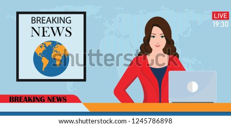 Headline or breaking news woman tv reporter presenter sitting in a studio, in flat style Vector illustration. 