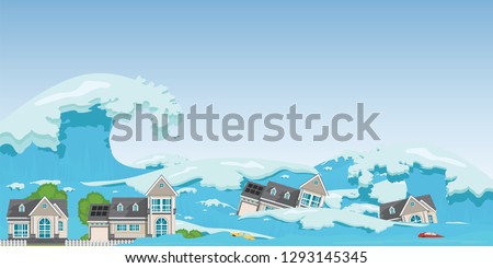 House destroyed by Tsunami waves.Tsunami tidal wave washing through houses and cars out of the way, Natural disasters vector illustration.