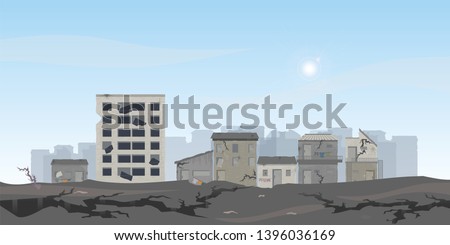 The earthquake destroyed houses and street, Natural disasters vector illustration.