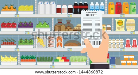 Human hand holding grocery shopping receipt on supermarket interior with products on background, Vector illustration.
