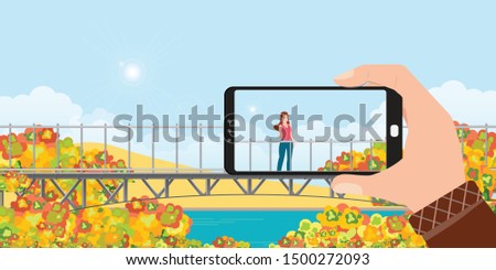 Make a photo of woman landscape by smartphone in autumn landscape mountains with colors of leaves.cartoon Vector illustration.