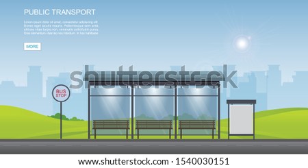 Bus stop with city view background and empty billboard. Vector illustration in flat design.