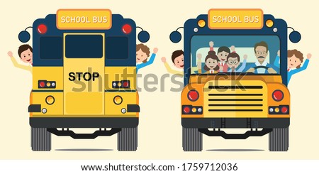 Yellow school bus back and front view with happy smiling kids riding on the school bus, vector illustration.