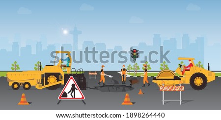 Workers change the asphalt, repair the road surface. Road roller makes the paving on street.Road under construction flat style design Vector illustration.