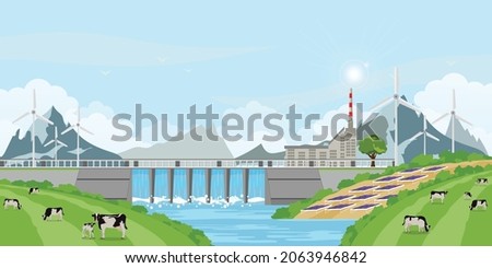 Green energy renewable solar panel plant electric power water in a dam, Renewable energy such as solar power and wind power. Ecology concept vector illustration.