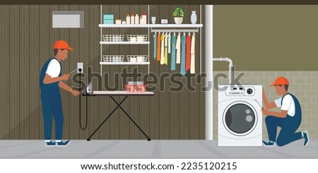 Workers of repair service fixing or connects washing machine and Electrical outlet with plug. Plumbers in uniform with repairing equipment works with home appliance. Vector illustration.