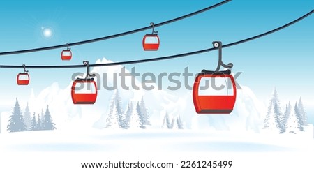 Cable cars or aerial lift on winter landscape with mountains. Nature background flat vector illustration.