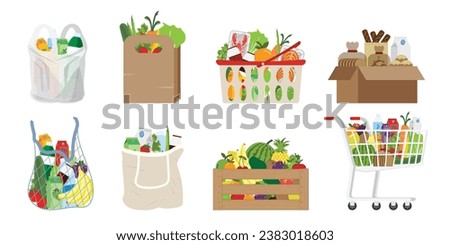 Shopping bags and baskets isolated on white background. Grocery shopping, paper and plastic packaging, turtle bags with natural food products, organic fruits and vegetables,merchandise in the mall.