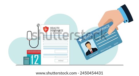 Hand holding health medical insurance cards, Medical insurance cards holding in hand isolated on background. Medical service conceptual Vector illustration. 