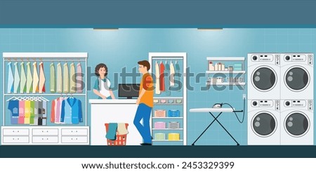 Interior of dry cleaning store laundry room with washing machines and facilities for washing clothes, Laundry service banner concept, vector illustration.