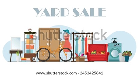 Yard sale or garage sale banner or flea market. Buying antiques, old things, furniture and books, Second Hand clothes, Antique accessory, sport items and assorted household, vector illustration.