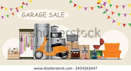 Garage sale banner or Yard sale or or flea market. Buying antiques, old things, furniture and books, Second Hand clothes, Antique accessory, sport items and assorted household, vector illustration.