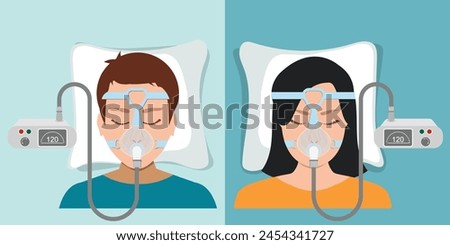 People with the oxygen mask fitted over a head.Continuous positive airway pressure.Obstructive sleep apnea.people lying on bed.Cpap mask.Patient in hospital cpap therapy.mask fitted over a head.