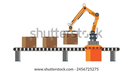 Conveyor line and Robotic arms. Robotic equipment, Factory machines, Industrial technologies, Robots hands with conveyor belt, Vector illustration.