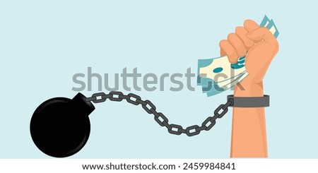 Hand holding cash money in hand bound by shackles chain with weight metal ball, corruption and bribery conceptual, vector illustration.