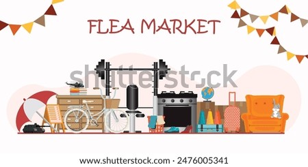 Flea market or yard sale or garage sale banner. Buying antiques, old things, furniture and books, Second Hand clothes, Antique accessory, sport items and assorted household, vector illustration.