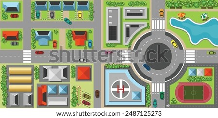 Top view of the smart city with roof of solar cell of house and car on streets, building, hospital, stadium and green garden, urban landscape vector illustration.