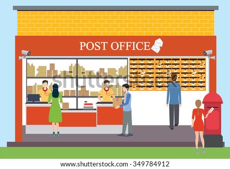 Building exterior of post office, office workers, postmen, people, interior, counter service, vector illustration.