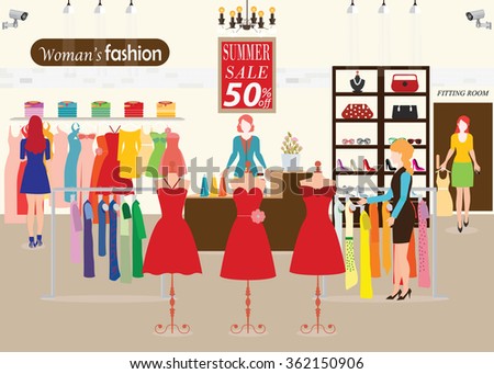 Women Shopping In A Clothing Store With Dummies Show Fashion Clearance Sale Women Shopping In A Clothing Store With Dummies Show Fashion Clearance Sale