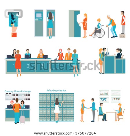 People in a bank interior, Banking business concept, Queue and counter service, ATM and keeping money, isolated on white, flat  icons set, vector illustration.