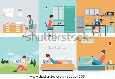 Freelance set with Various cartoon character design working at home, work from home, self employed, home office, work at home, freedom, in living room, bathroom toilet, conceptual vector illustration.