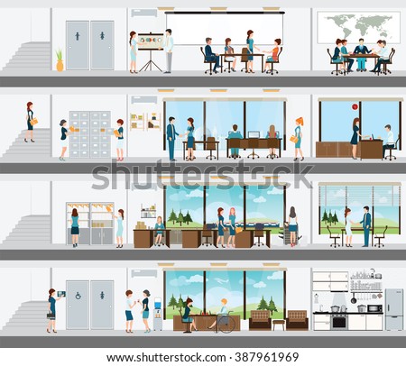 People in the interior of the building, Interior office building, office interior people, room office desk, office space, meeting room,  conference room vector illustration.