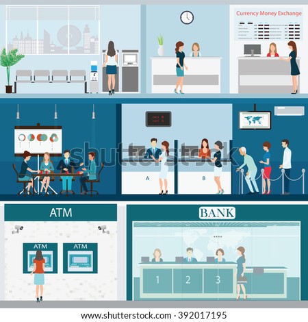 People in bank interior, Bank building exterior and interior counter desk, cashier, consulting, money currency exchange, financial services, ATM with CCTV security camera,banking vector illustration.