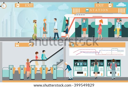 Subway train station platform with people traveling, Train ticket vending machines, Railway Map, Entrance of railway station, transportation vector illustration.