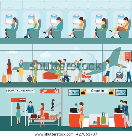Set of Passenger airline at airport terminal with check in counter and security checkpoint, Airline interior with plane seat on the flight business travel vector illustration.