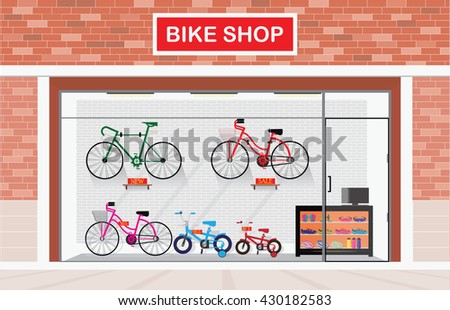 Bicycle stores exterior or bike shops interior with many size bicycle hanger on brick wall background and equipment,  shop vector illustration.