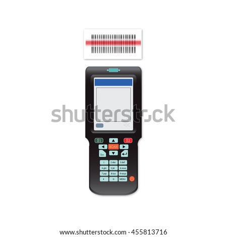 Handheld Mobile Computer in hand or scanner barcode isolated on white background, technology flat design vector illustration.