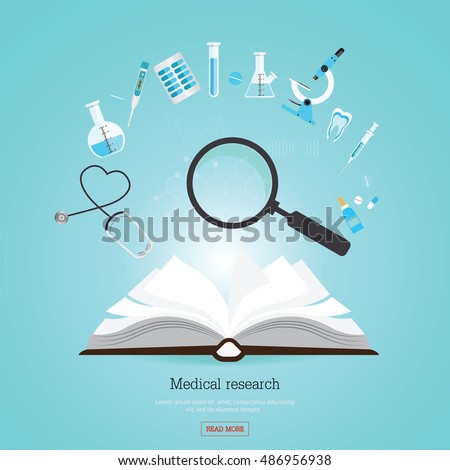 Medical research health care with open book and Medical equipment, flat banners conceptual flat design vector illustration.
