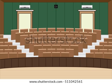 University lecture main hall with a Large Seating Capacity, lecture room interior building flat design vector illustration.