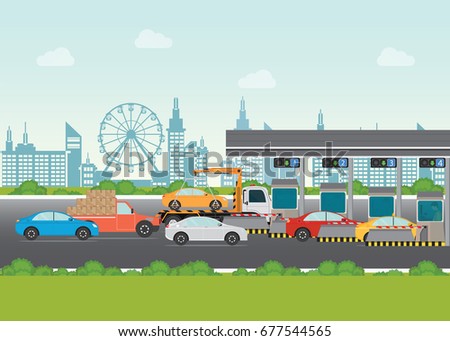 Driver cars passing through to pay road toll at highway toll booth, vector illustration.