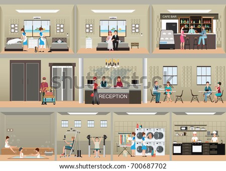 Hotel interior set with reception ,rooms, restaurant , laundry, cafe, sauna and gym, flat design vector illustration.