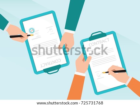 Two partners signing paper deal contract with pen after agreement , business conceptual  flat vector illustration.
