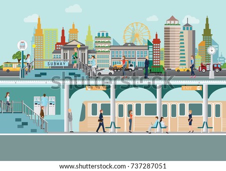 Cityscape with subway train station platform  under city street with people enter subway station flat vector illustration.