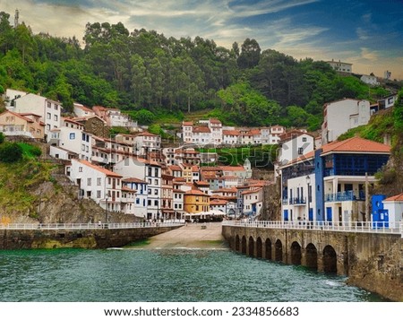 Similar – Image, Stock Photo Cityscape of Cudillero village, in the north of Spain. Cudillero is a charming village in Asturias, placed on a hill of the Atlantic coastline, with picturesque architecture and touristic restaurants and corners