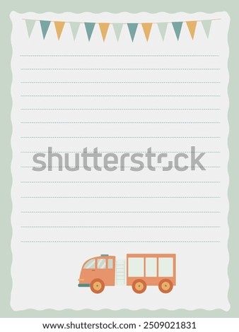 notebook page template with fire truck and flags for boy